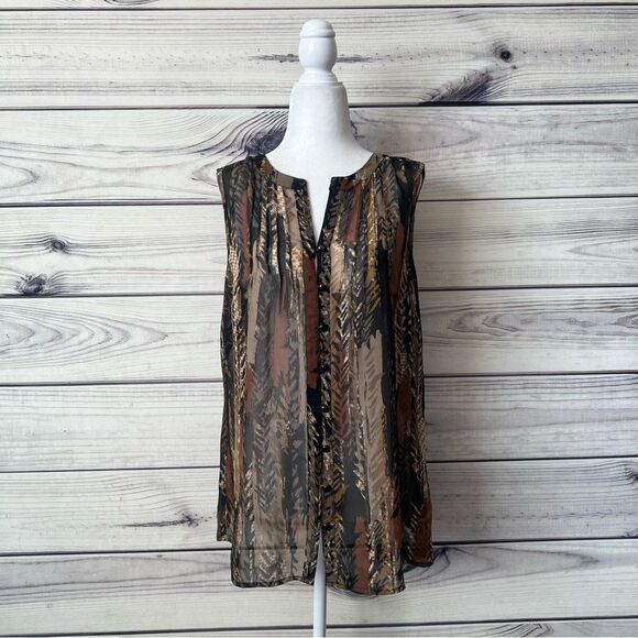 Liz Claiborne Brown & Black Patterned Sheer Button Down Sleeveless Blouse - Picture 1 of 8
